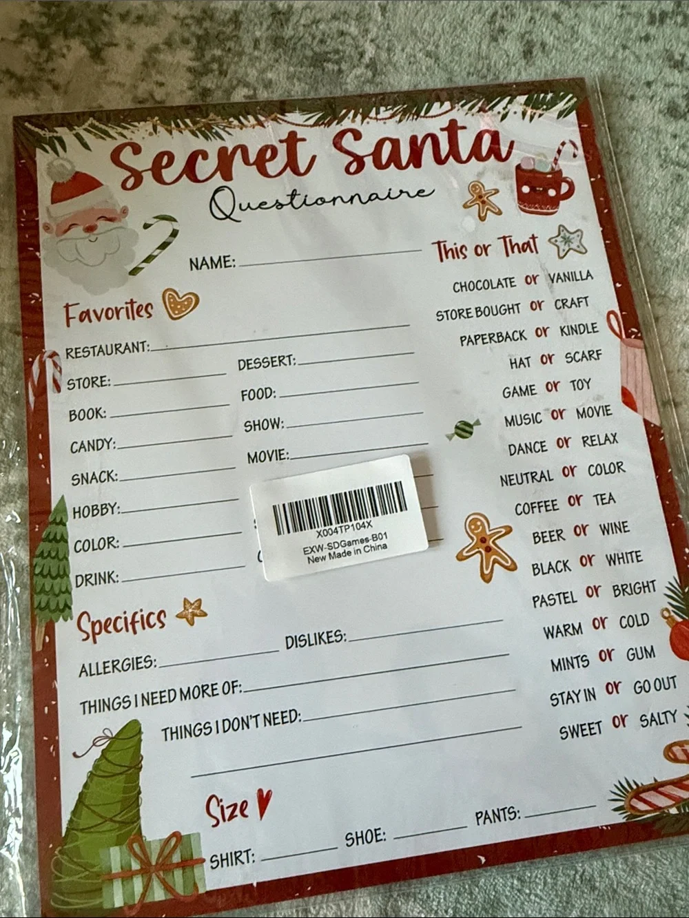 Secret Santa Questionnaire and Christmas Wish List Party Game - 20 count